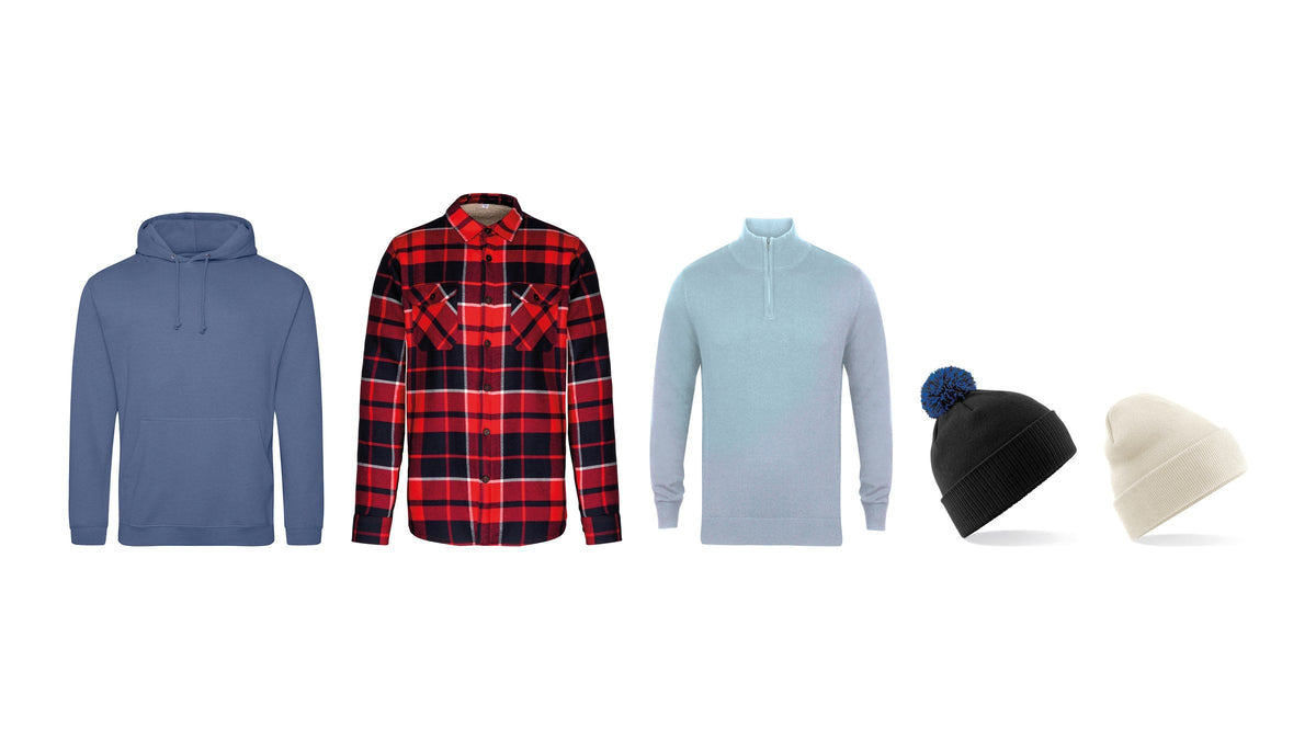 Staff Christmas gift ideas: College hoodie, sherpa-lined checked shirt jacket, quarter-zip jumper and two beanies