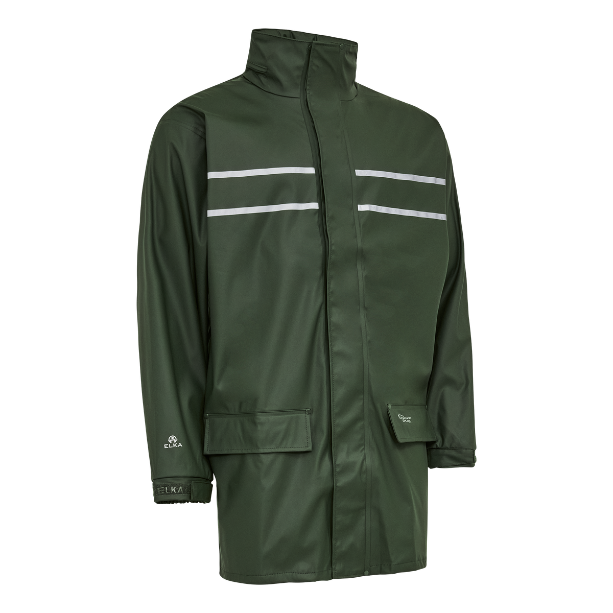 ELKA Rainwear Dry Zone D-Lux PU Rain Jacket with extra length in Olive, front view