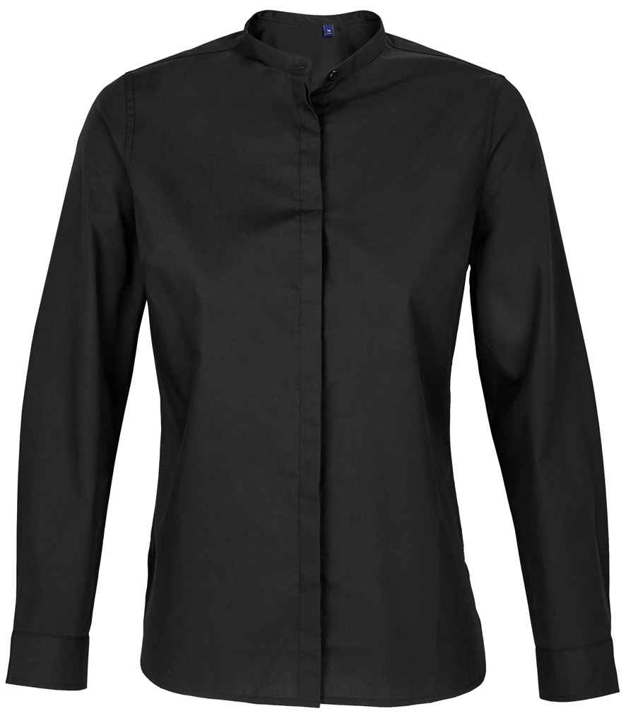 NEOBLU Ladies Bart Mao Collar Long Sleeve Poplin Shirt in Deep Black, front view