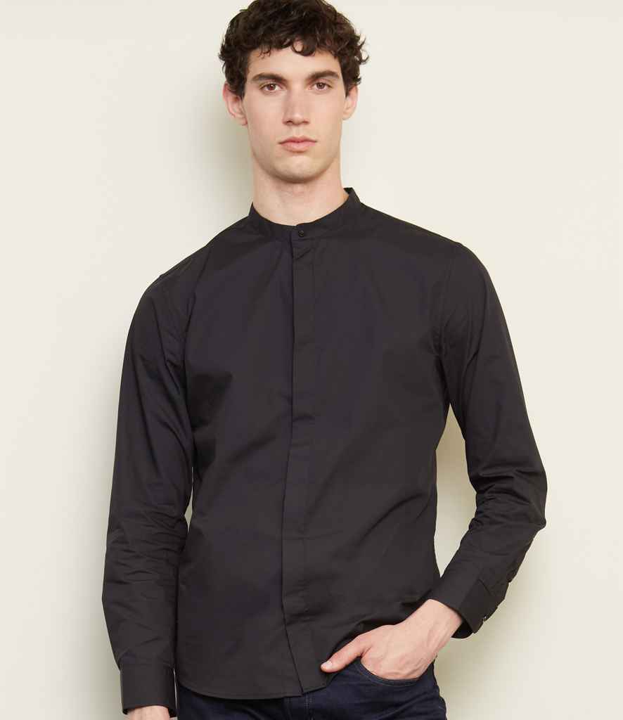 NEOBLU Bart Mao Collar Long Sleeve Poplin Shirt in Deep Black
