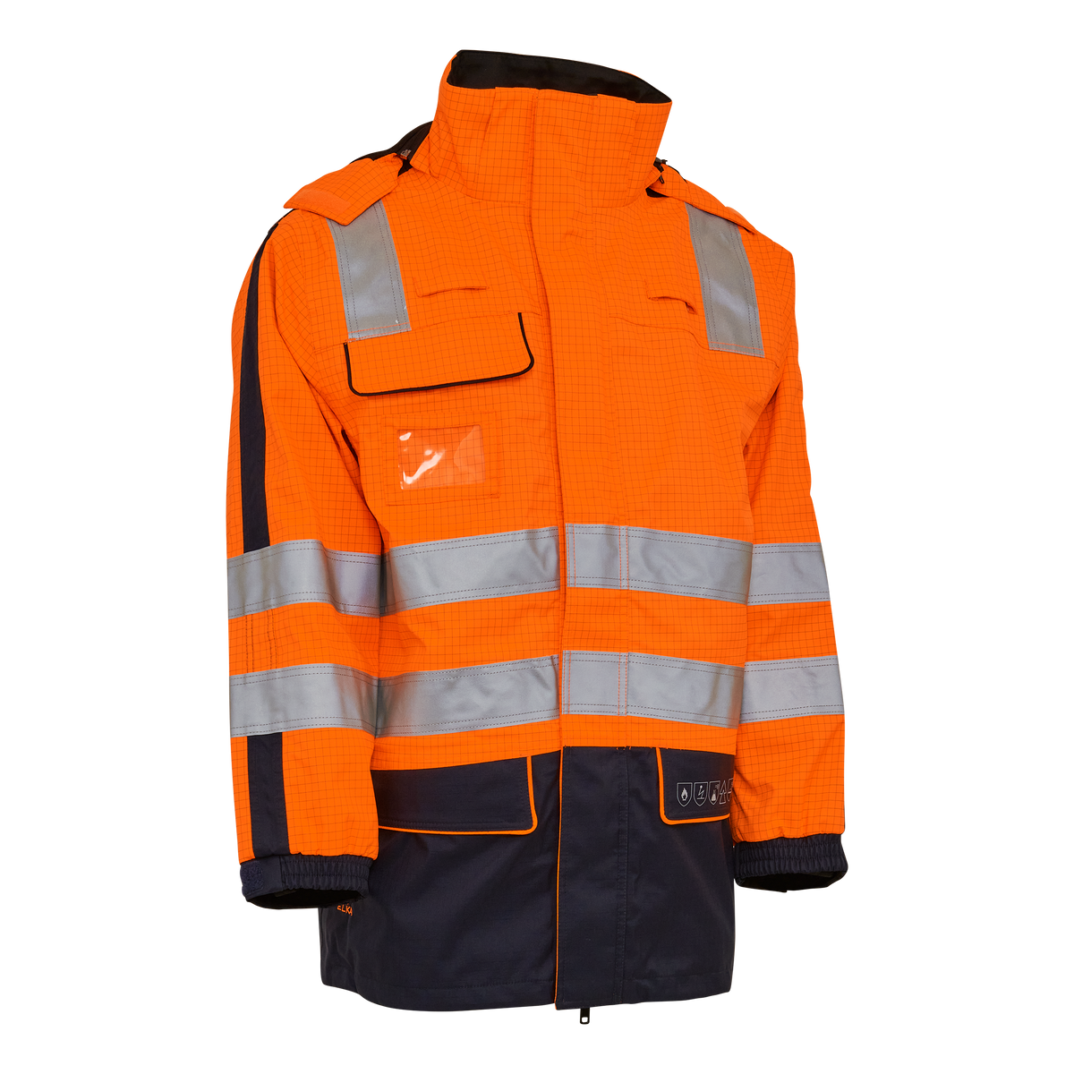 ELKA Rainwear Securetech Multinorm Electric Arc Jacket in Fl. Orange/Navy, front view
