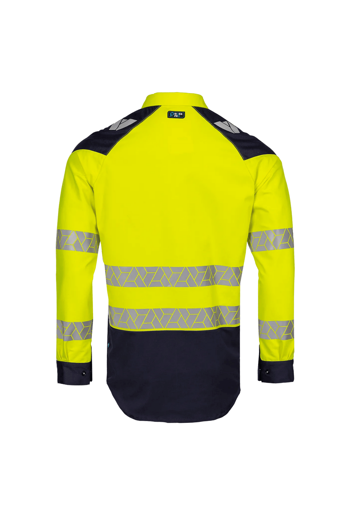 Sioen PRO Rayane in High-vis yellow/Navy blue, back view