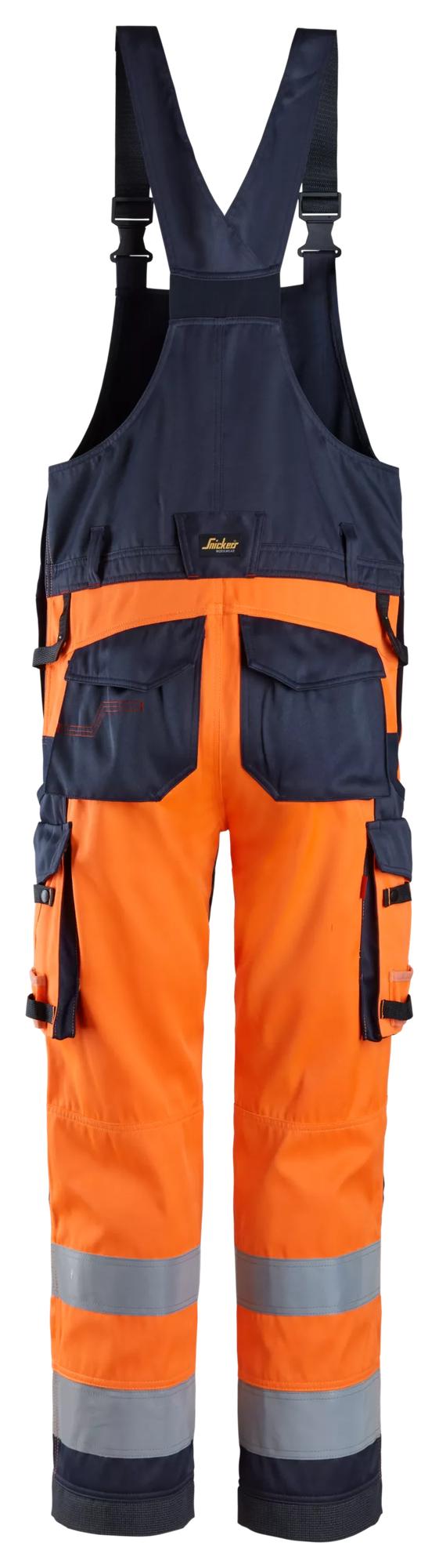 Snickers Workwear 6064 ProtecWork, Bib & Brace Trousers, High-Vis Class 2 in Hi-Vis Orange/Navy, back view