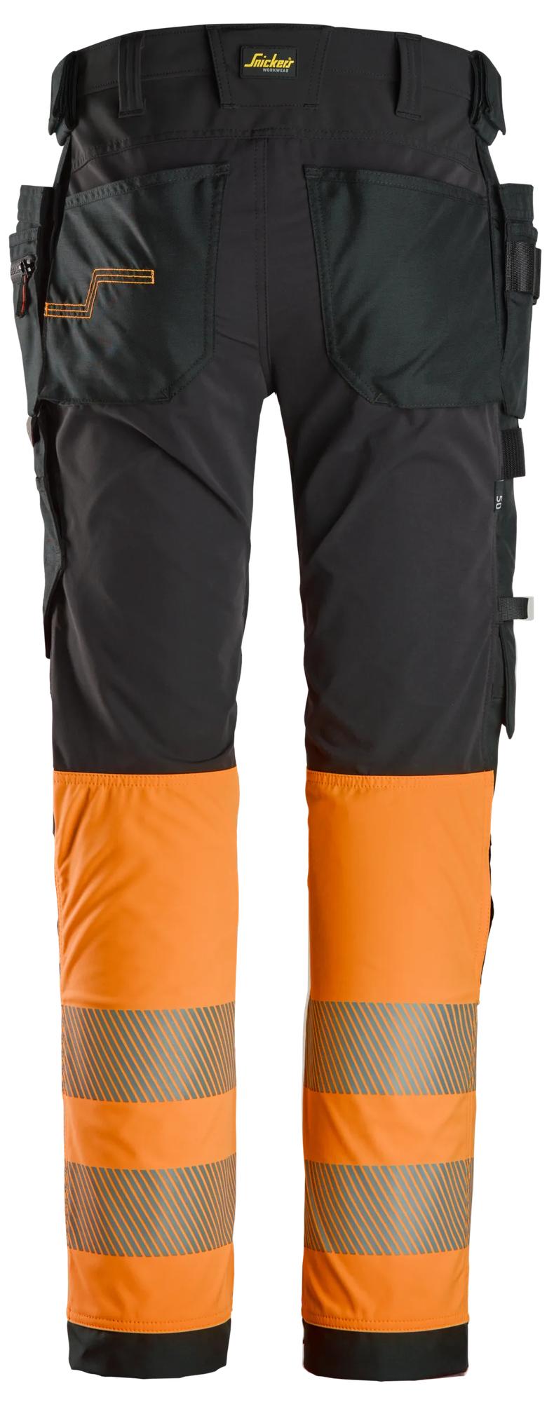 Snickers Workwear 6231 High-Vis Class 1, 4-way Stretch Trousers Holster Pockets in Black/Hi-Vis Orange, back view