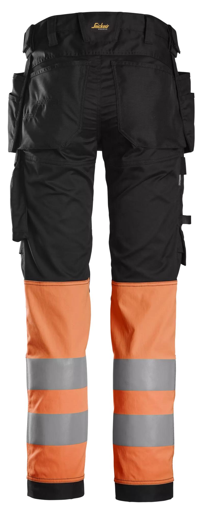 Snickers Workwear 6234 High-Vis Class 1, Stretch Trousers Holster Pockets in Black/Hi-Vis Orange, back view