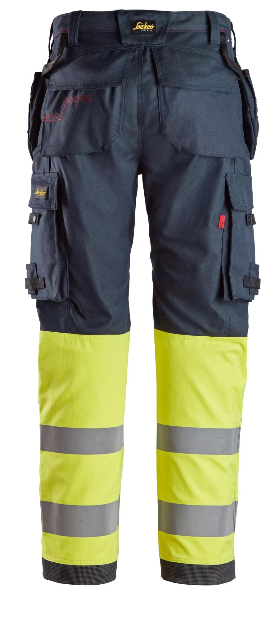 Snickers Workwear 6263 ProtecWork, Work Trousers Holster Pockets High-Vis Class 1 in Navy/Hi-Vis Yellow, back view