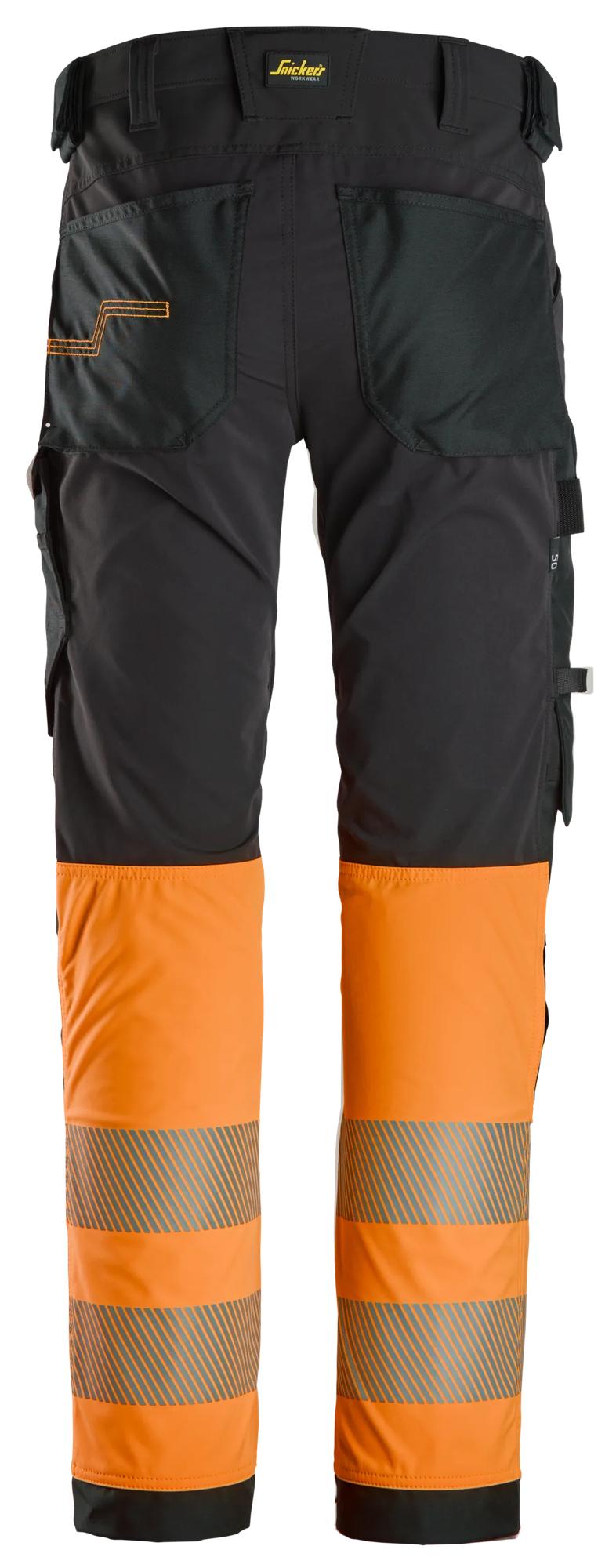 Snickers Workwear 6335 High-Vis Class 1, 4-way Stretch Trousers in Black/Hi-Vis Orange, back view