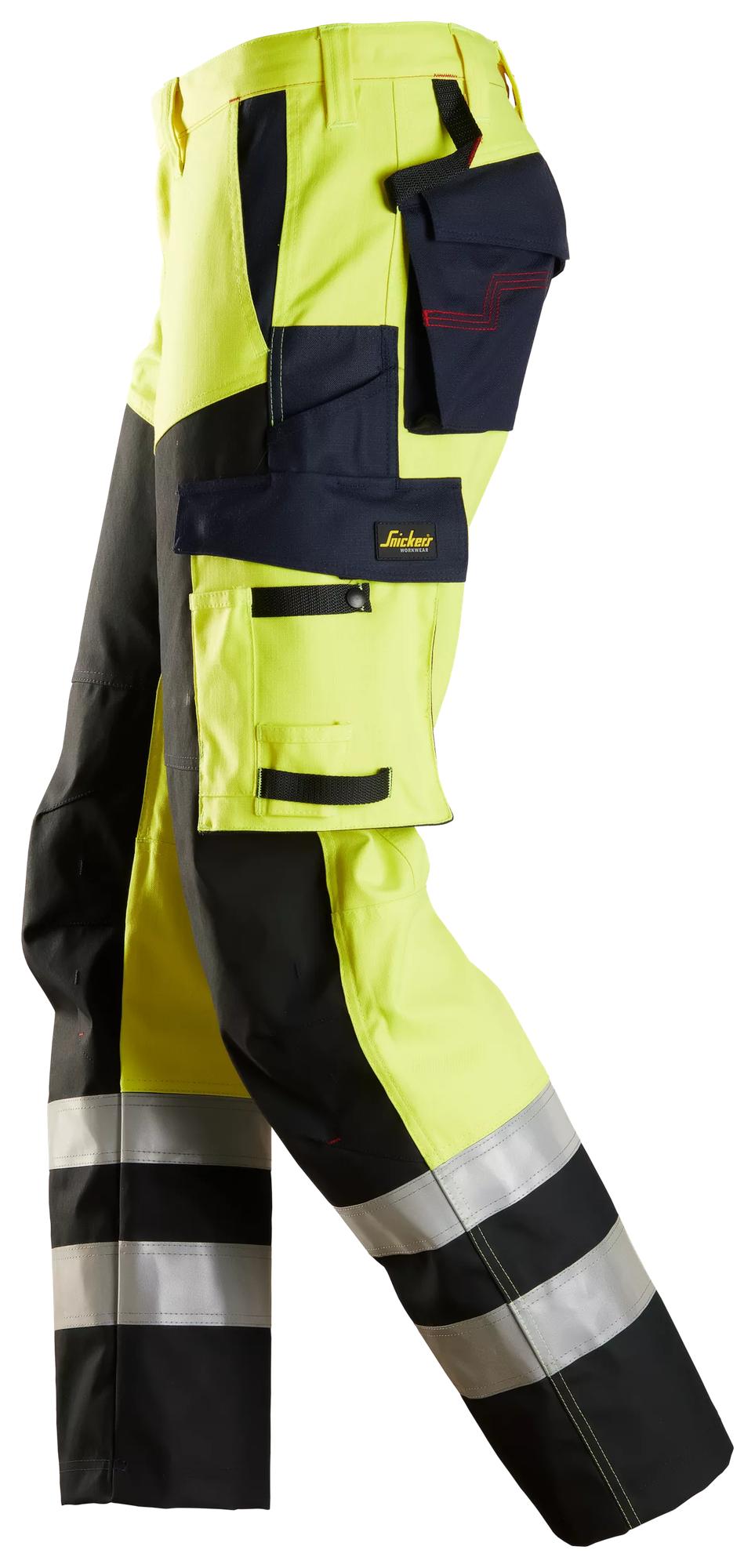 Snickers Workwear 6365 ProtecWork, Trousers Reinforced, High-Vis Class 1 High vis yellow/Navy side view
