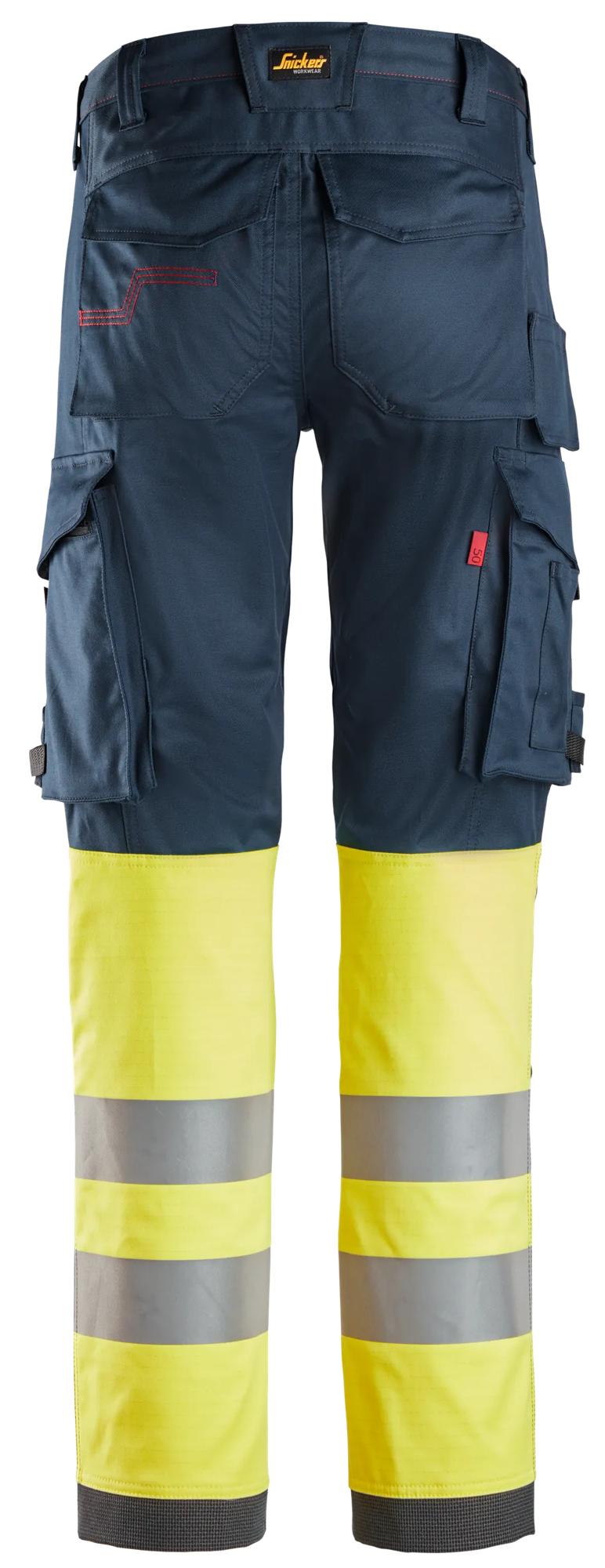 Snickers Workwear 6374 ProtecWork, Stretch Work Trousers, High-Vis Class 1 in Navy/Hi-Vis Yellow, back view