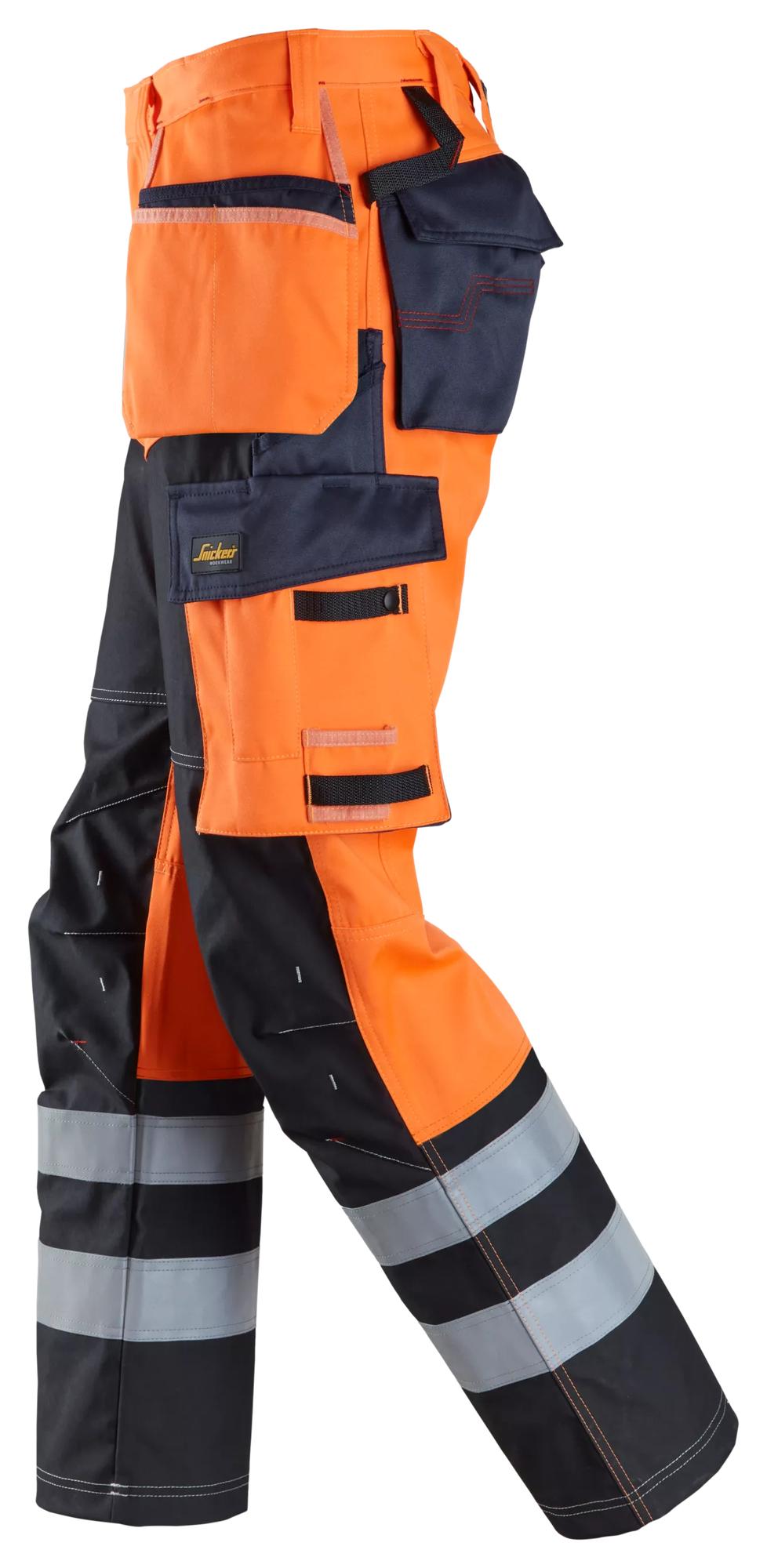 Snickers Workwear 6562 ProtecWork, Trousers Reinforced, Holster Pockets, High-Vis Class 1 High vis orange/Navy side view
