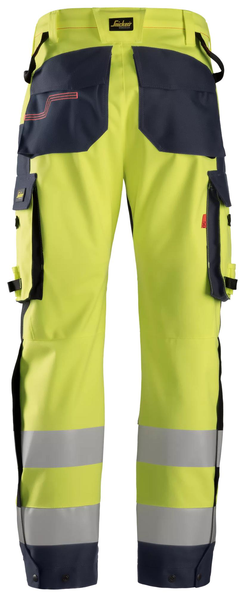 Snickers Workwear 6563 ProtecWork, Waterproof Shell Trousers, High-Vis Class 2 in Hi-Vis Yellow/Navy, back view
