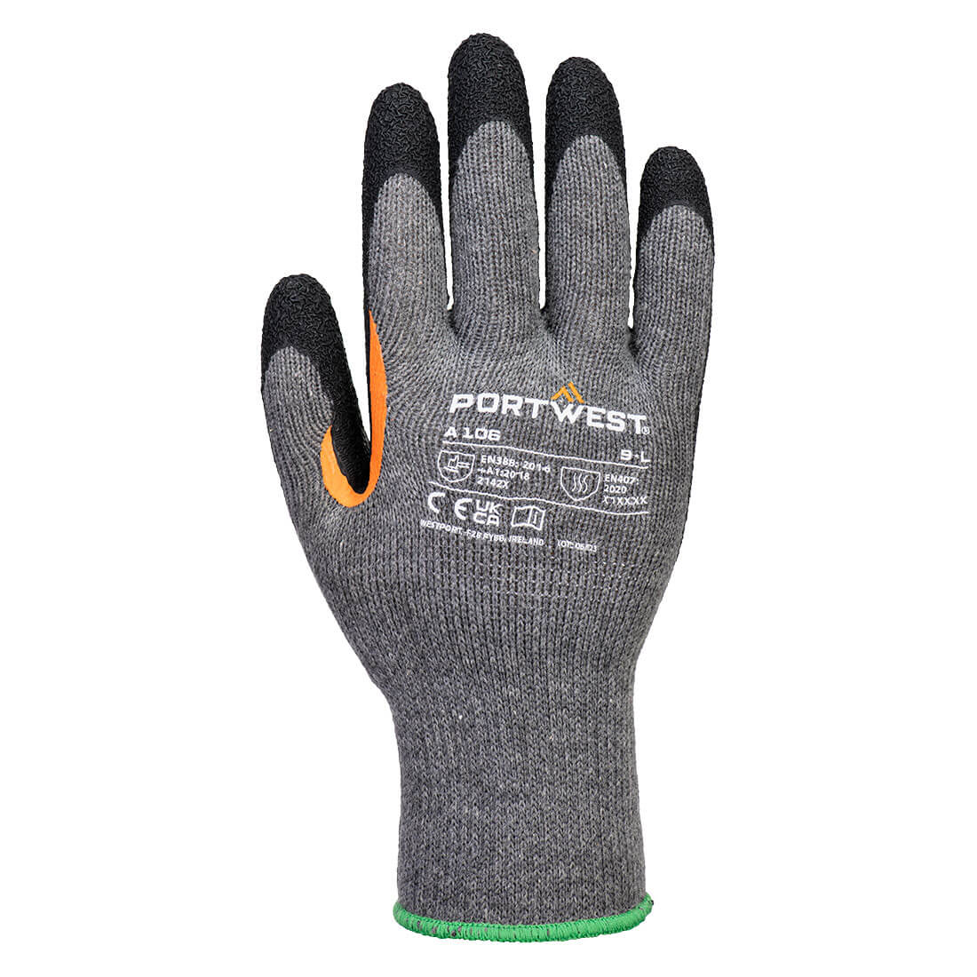 Portwest A106 Grip 10 Latex Reinforced Thumb Glove (Pk 12) in Grey/Black, back view