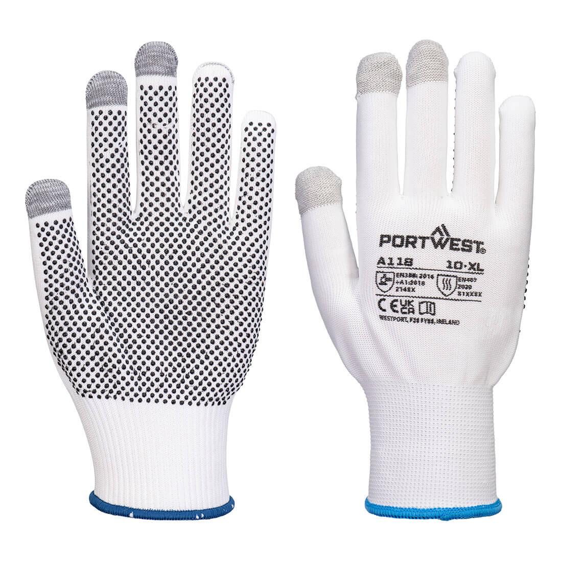 Portwest Grip 13 PVC Dotted Touchscreen Glove in White/Grey, main product image