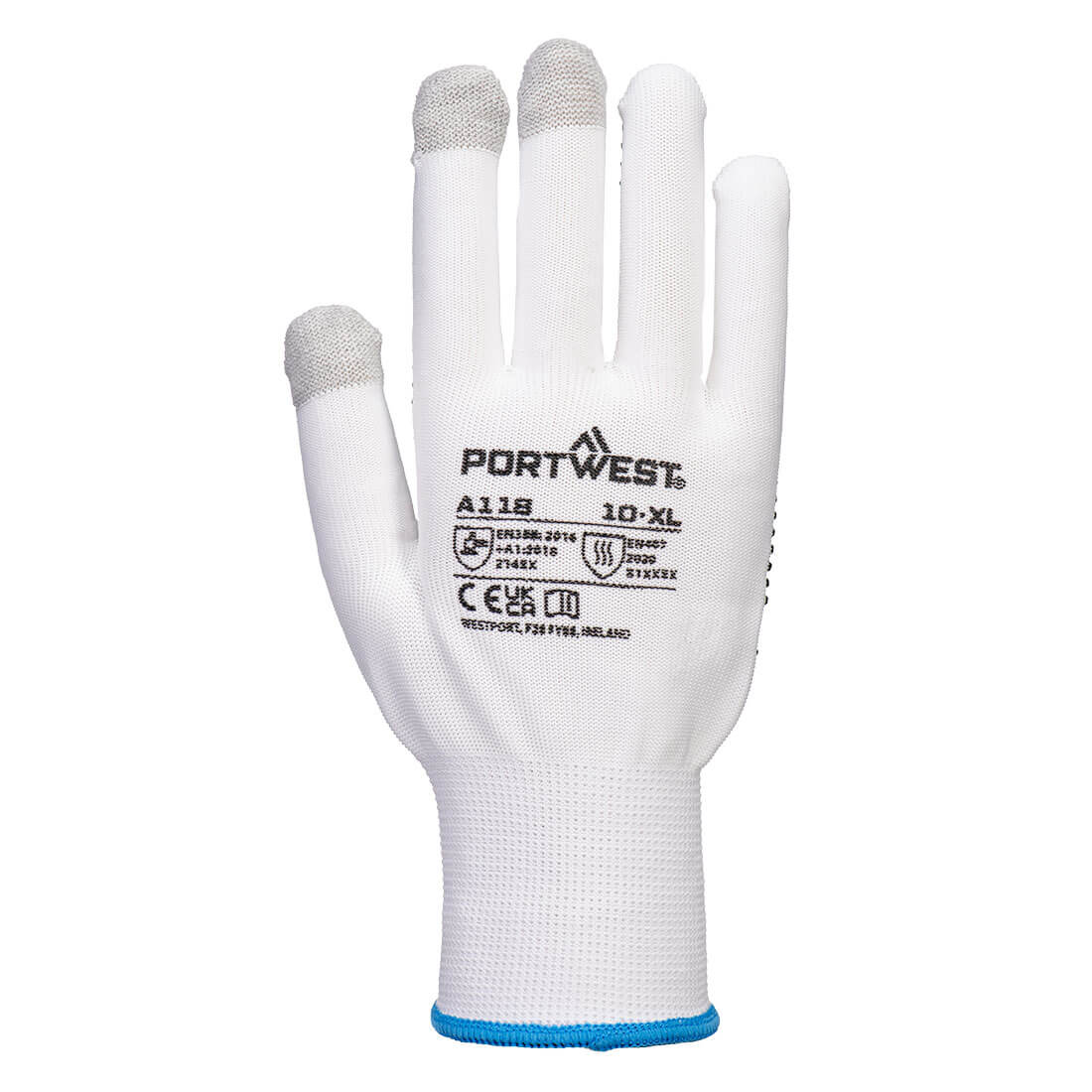Portwest A118 Grip 13 PVC Dotted Touchscreen Glove (Pk12) in White/Grey, back view