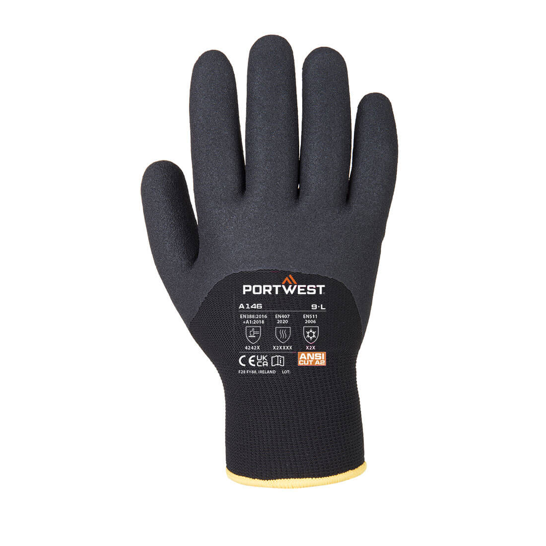 Portwest A146 Cold 15 Nitrile Sandy 3/4 Dipped Glove in Black, back view