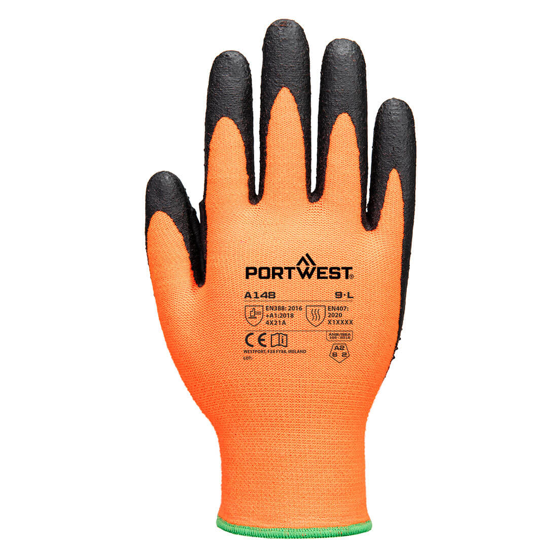 Portwest A148 Grip 13 Nitrile High Dotted Glove in Orange/Black, back view