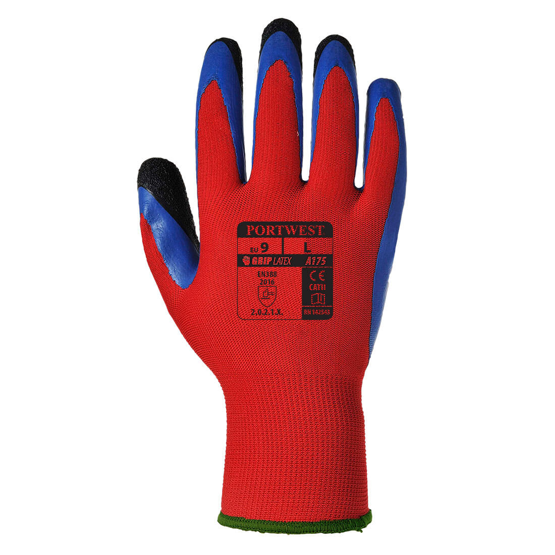 Portwest A175 Grip 13 Latex Double Coated Glove in Red/Blue, back view