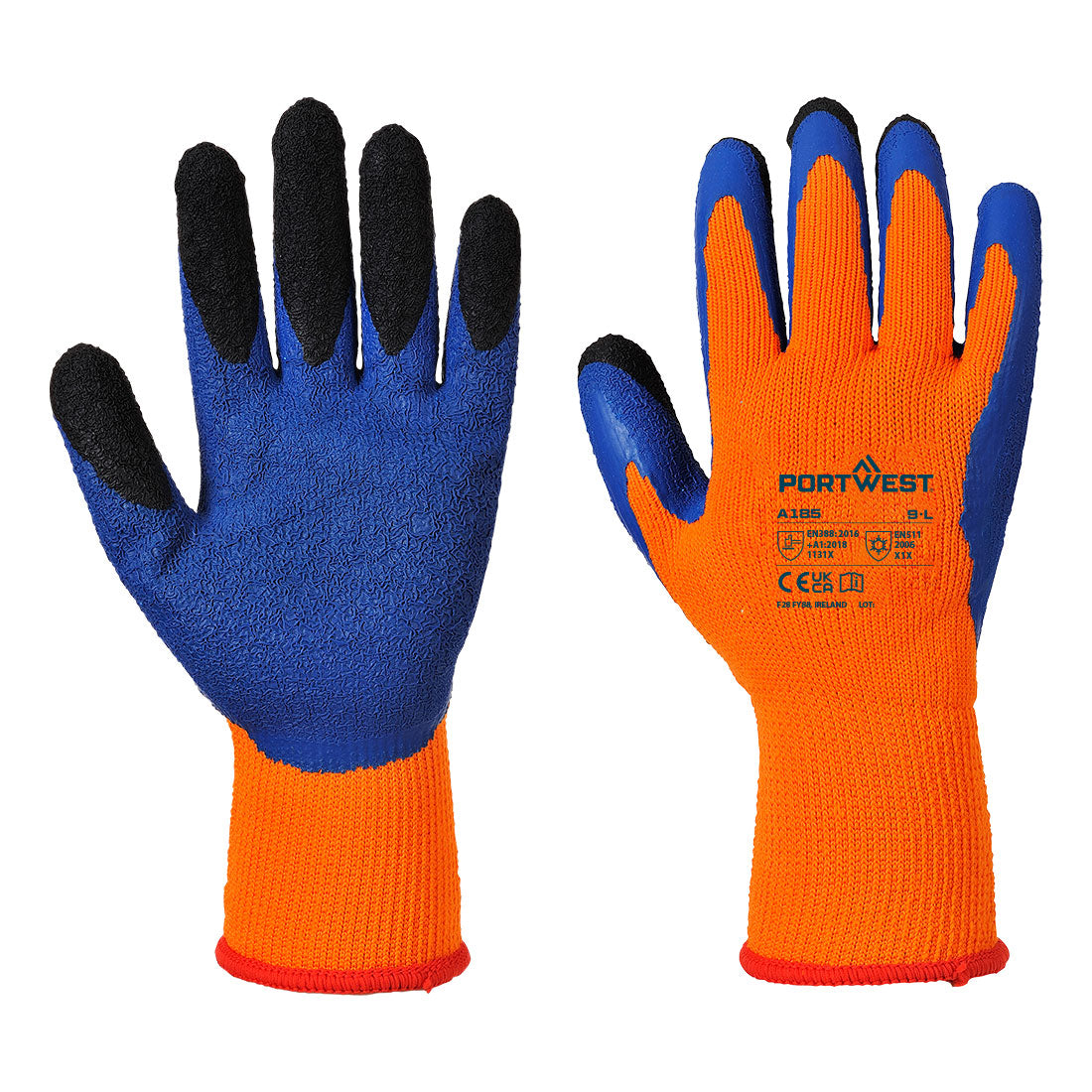 Portwest Cold 7 Latex Crinkle Finger Dipped Glove in Orange/Blue, main product image