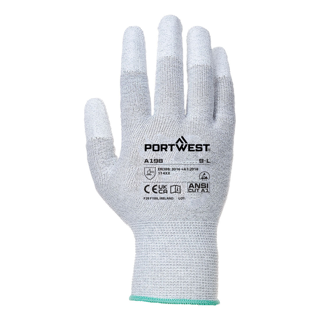 Portwest A198 ESD 13 PU Fingertip Glove in Grey, back view