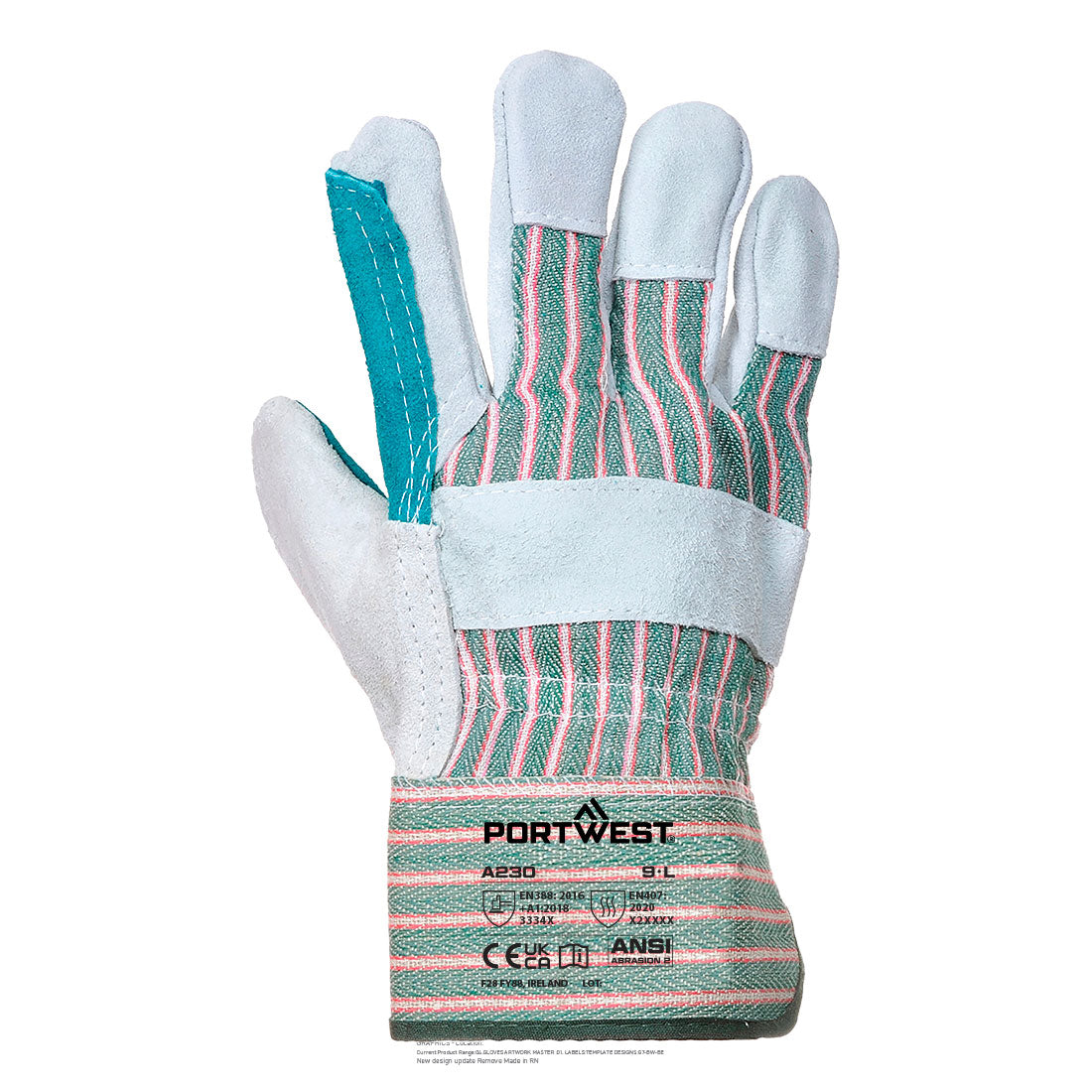 Portwest A230 Leather Rigger 365 Cow Split Reinforced Palm Glove in Grey, back view
