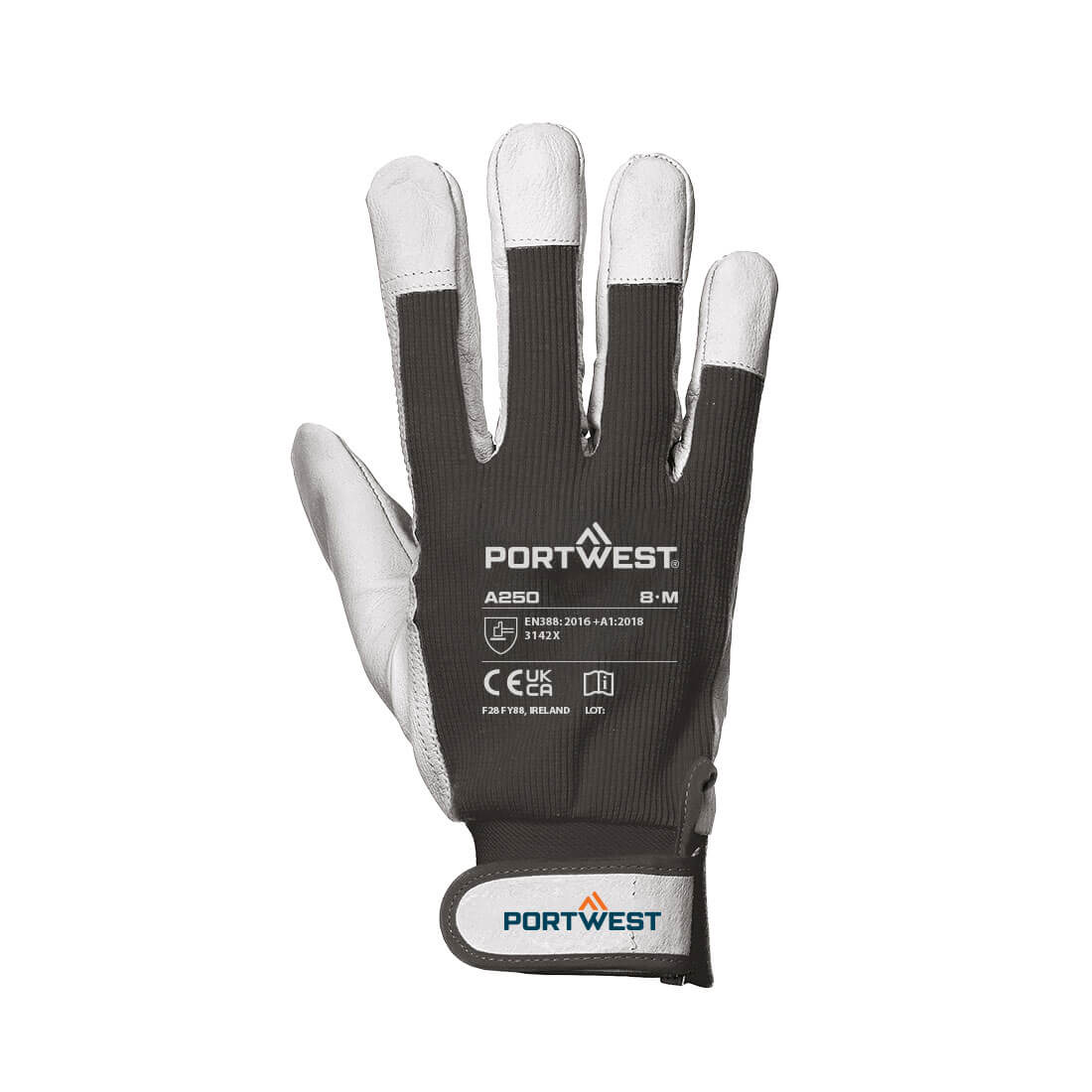Portwest A250 Leather 110 Grain Palm Mechanical Glove in Black, back view