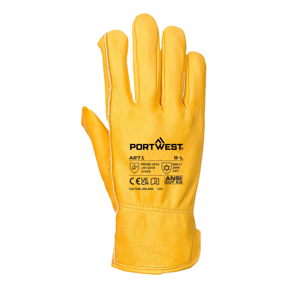 Portwest A271 Cold 200 Cow Grain Driver Glove in Tan, back view