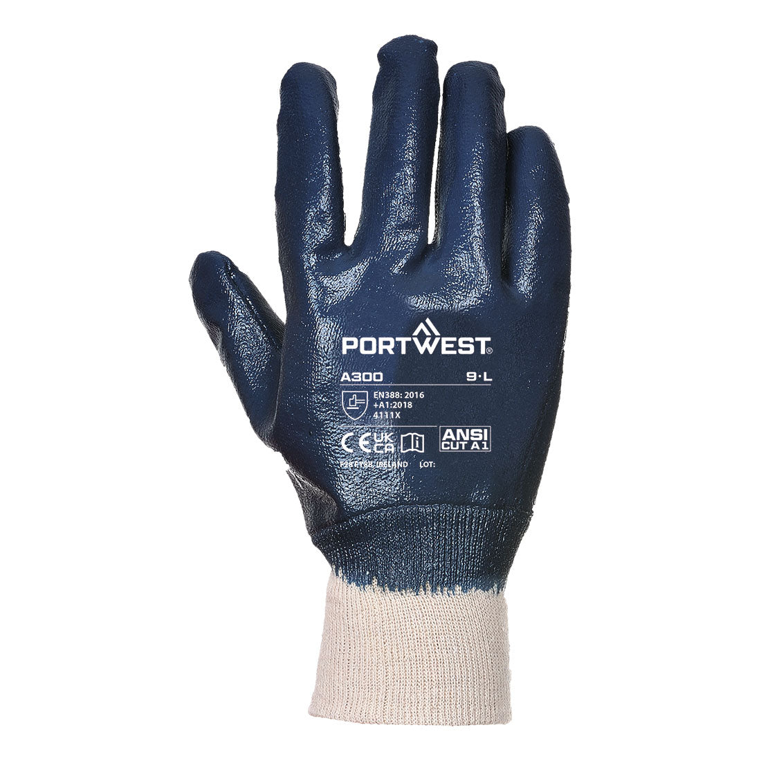 Portwest A300 Grip 12 Nitrile Full Dipped Knitwrist Glove in Navy, back view