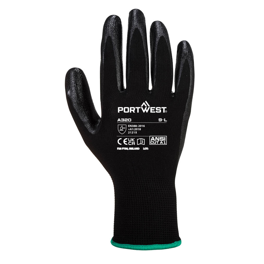 Portwest A320 Grip 13 Nitrile Foam Glove in Black, back view
