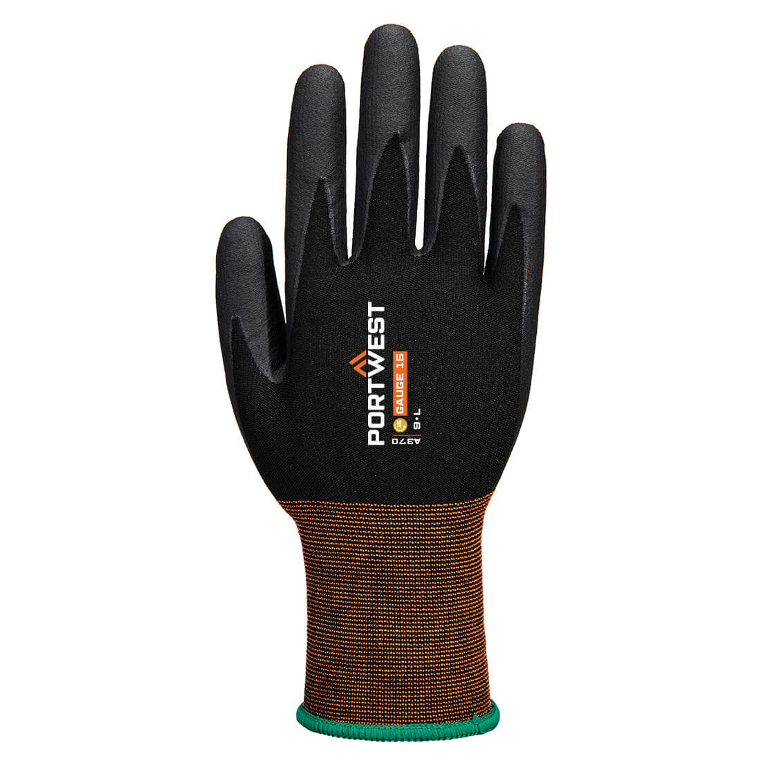 Portwest A370 GP Grip 15 Nitrile Micro Foam Glove in Black, back view
