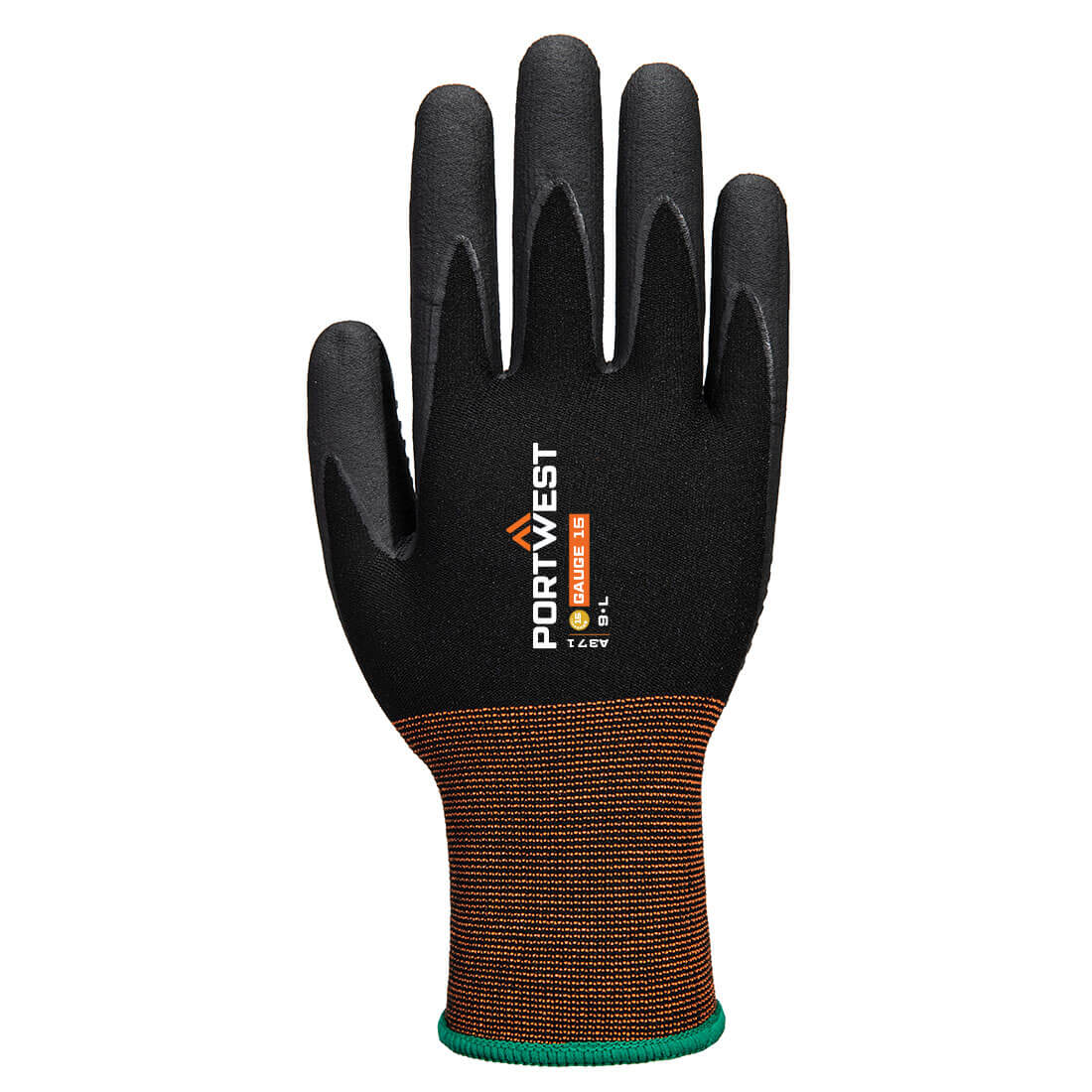 Portwest A371 GP Grip 15 Nitrile Micro Foam Dotted Glove in Black, back view