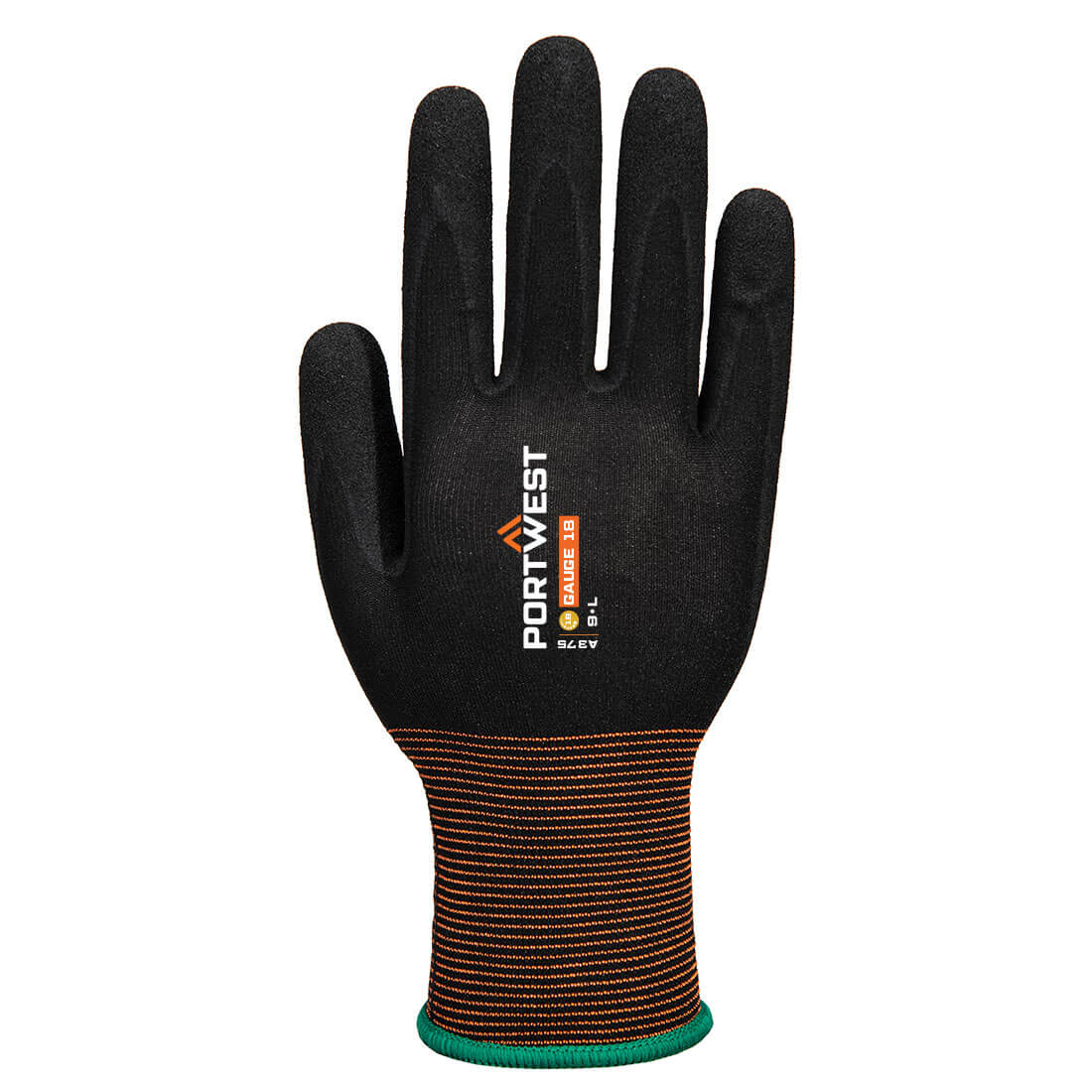 Portwest A375 GP Grip 18 Nitrile Smooth/Sandy Glove in Black, back view
