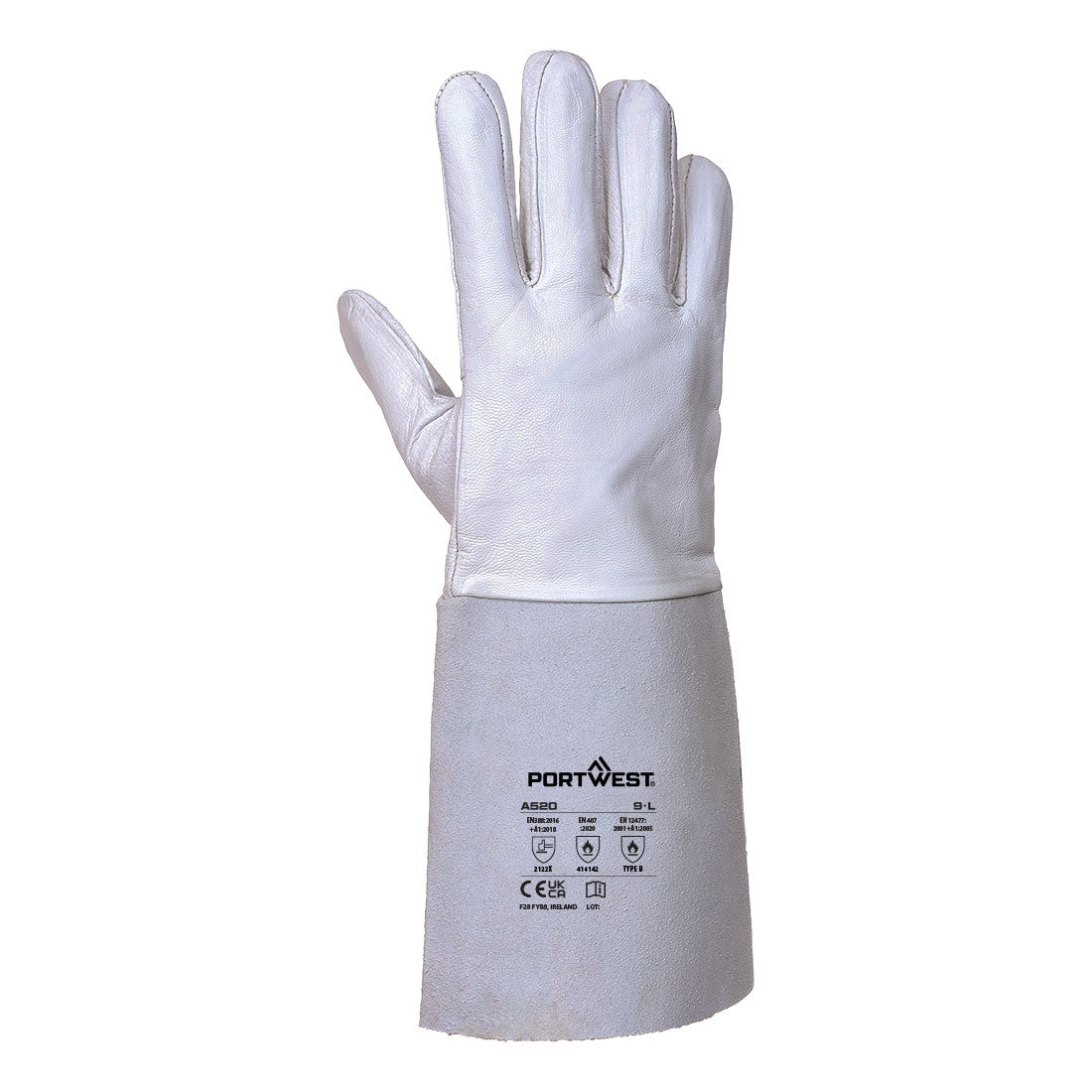 Portwest A520 TIG Welders 85 Grain Leather Gauntlet in Grey, back view