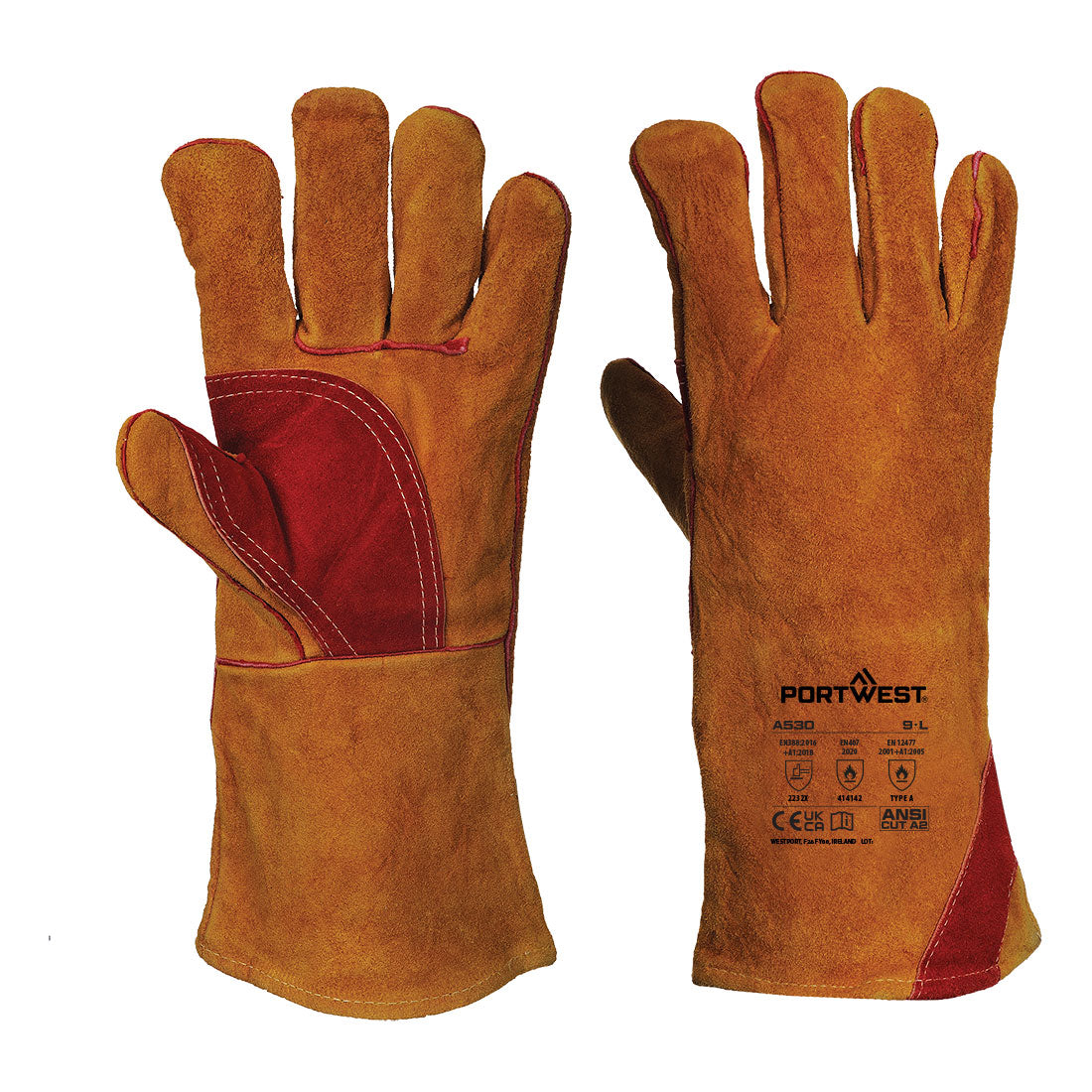 Portwest Welders 330 Split Leather Reinforced Palm Gauntlet in Brown, main product image