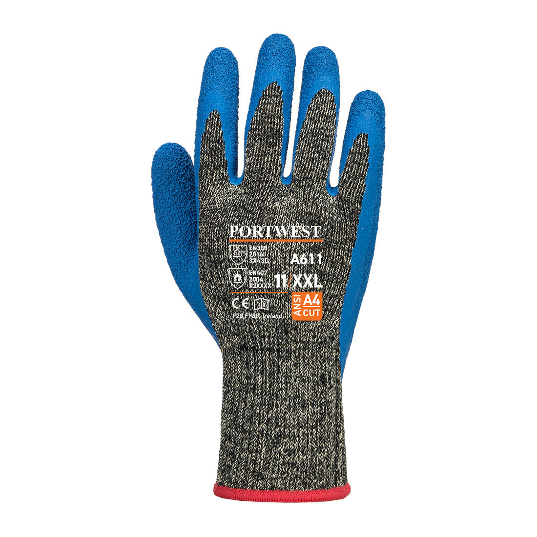 Portwest A611 Cut D10 Latex Aramid Glove in Black/Blue, back view