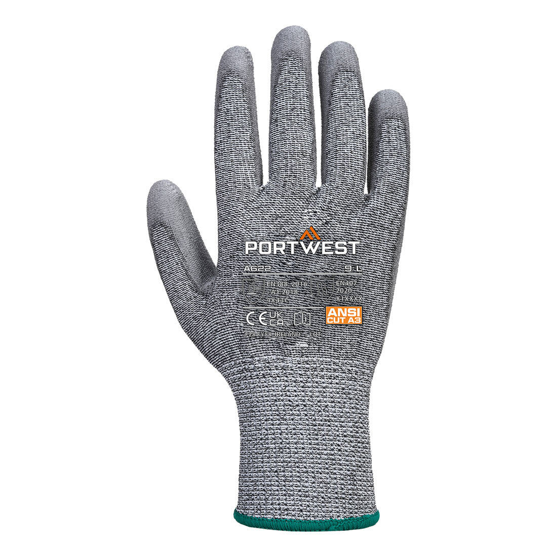 Portwest A622 Cut C13 PU Glove in Grey, back view