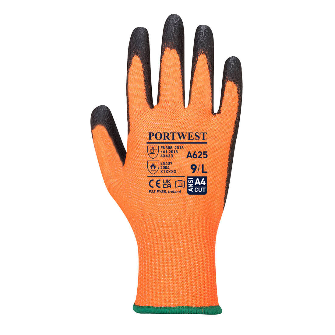 Portwest A625 Cut D13 PU Viz-Tex Glove in Orange/Black, back view