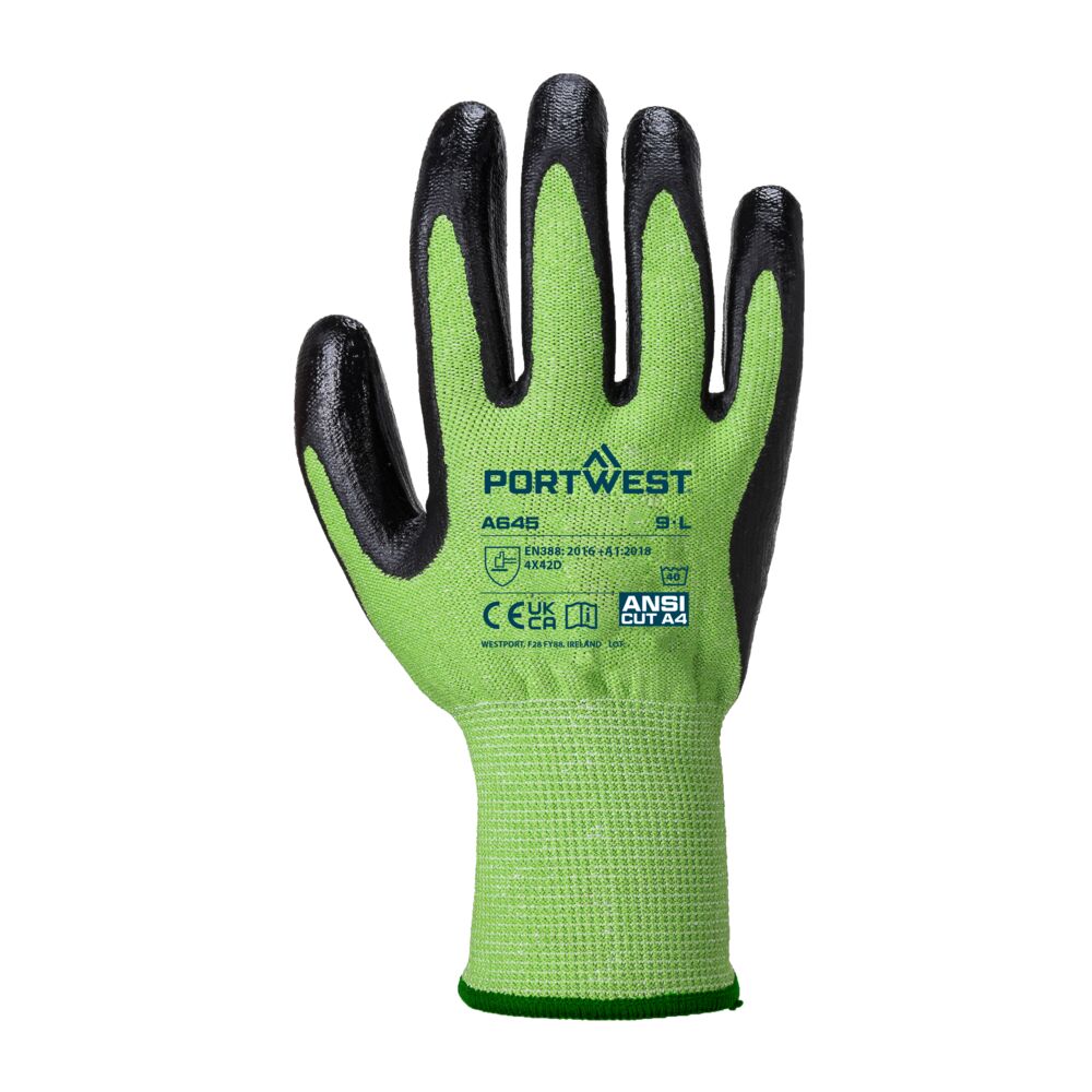 Portwest A645 Cut D13 Nitrile Green Glove in Green/Black, back view