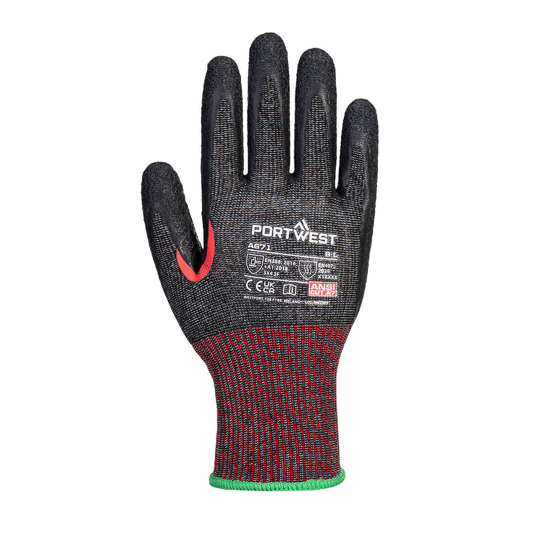 Portwest A671 CS Cut F13 Latex Glove in Black, back view