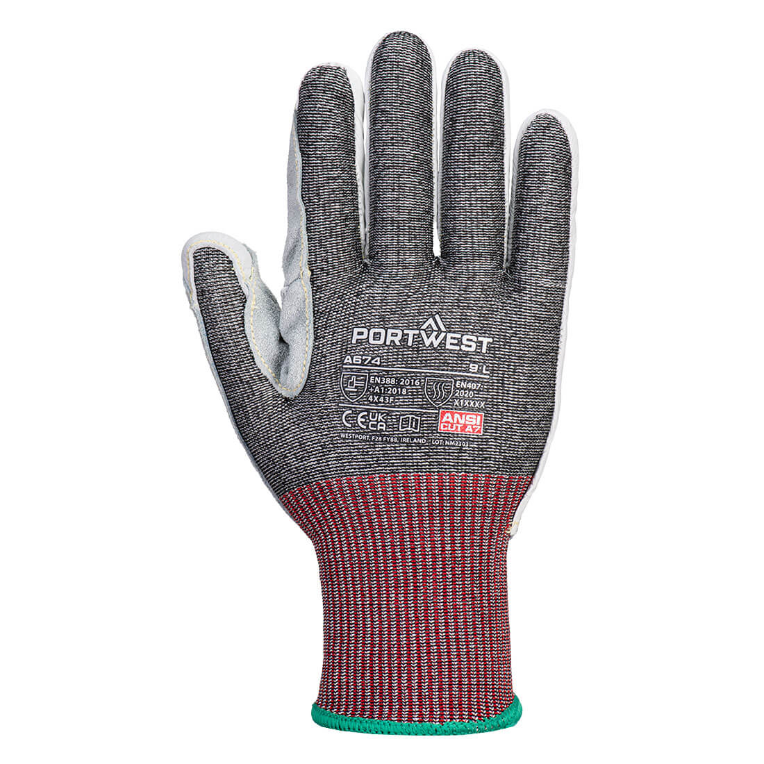 Portwest A674 CS Cut F13 Leather Glove in Black, back view