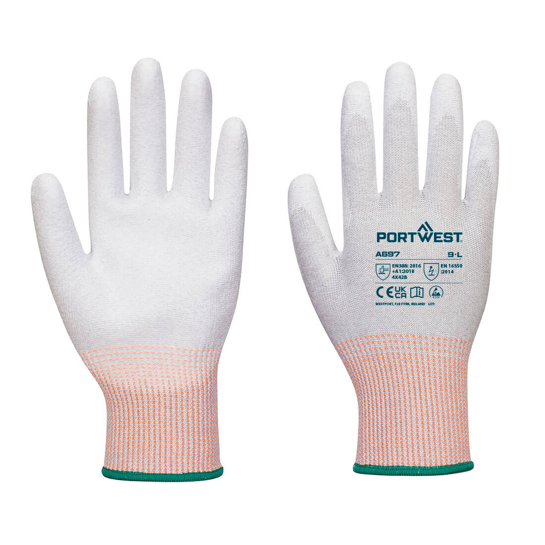 Portwest ESD Cut B13 PU Palm Glove in Grey/White, main product image