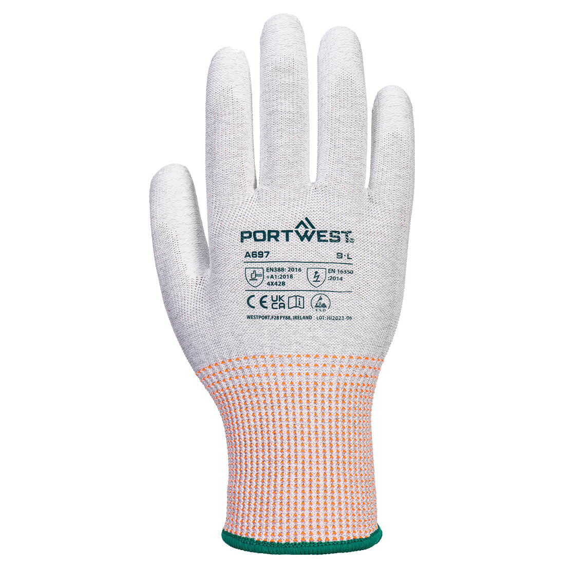 Portwest A697 ESD Cut B13 PU Palm Glove (Pk12) in Grey/White, back view