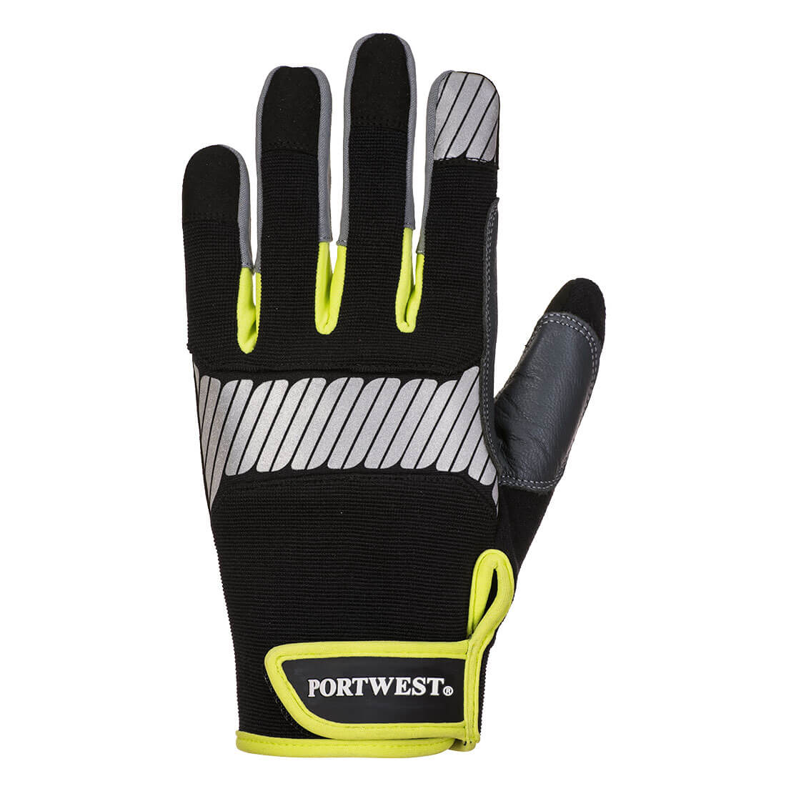 Portwest A770 PW3 Mechanic 80 Reflective Utility Glove in Black/Yellow, back view