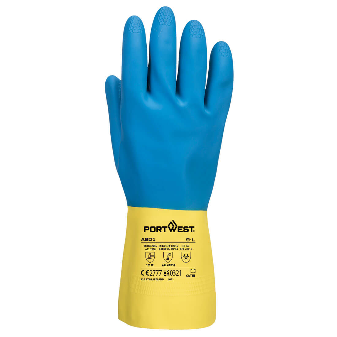 Portwest A801 Chem 300 Latex Double Dipped Gauntlet in Yellow/Blue, back view