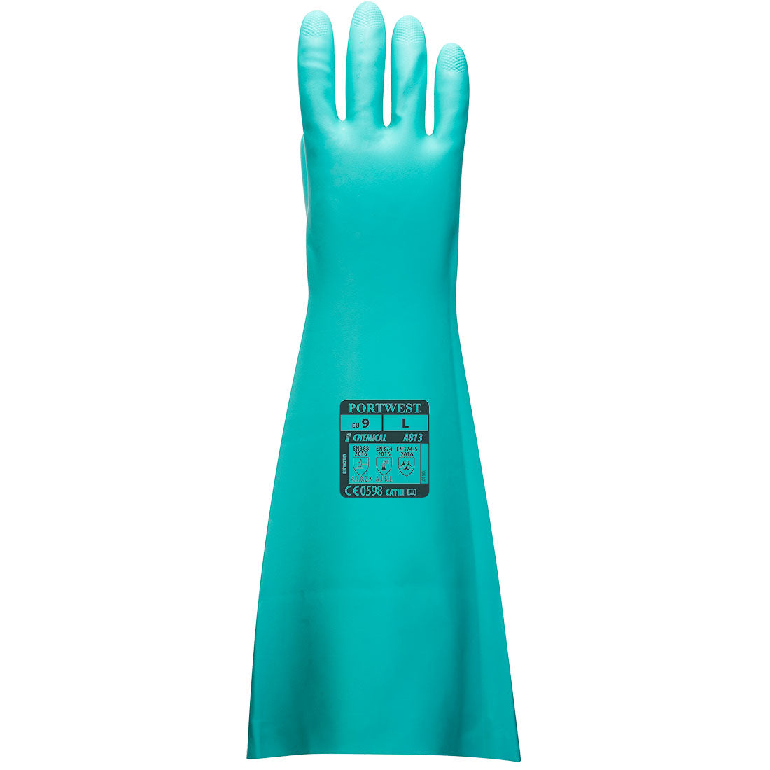 Portwest A813 Chem 460 Nitrile Extended Gauntlet in Green, back view