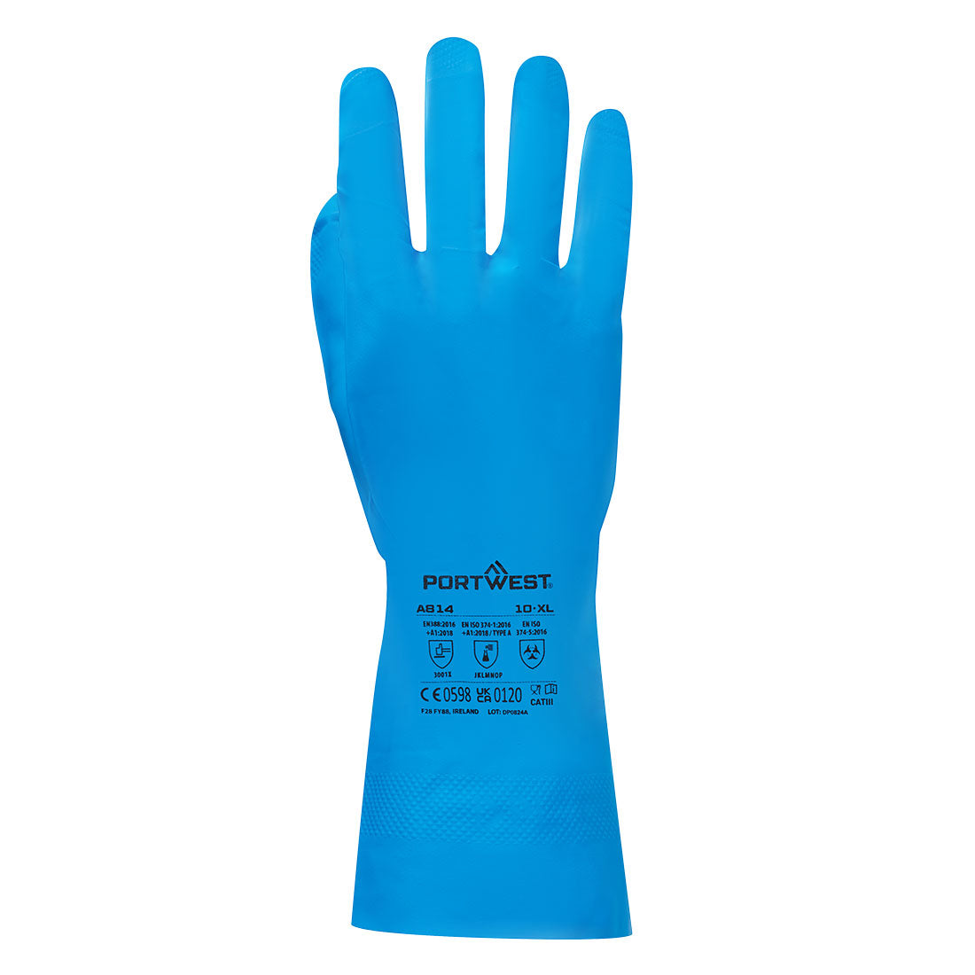 Portwest A814 Chem 330 Nitrile Food Gauntlet in Blue, back view