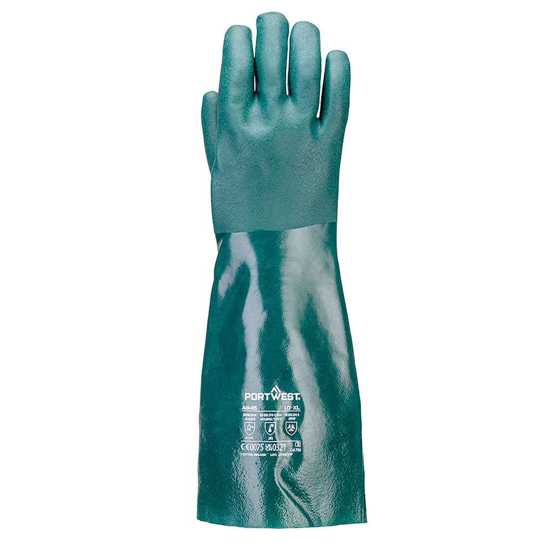 Portwest A845 Chem 450 PVC Double Dipped Gauntlet in Green, back view