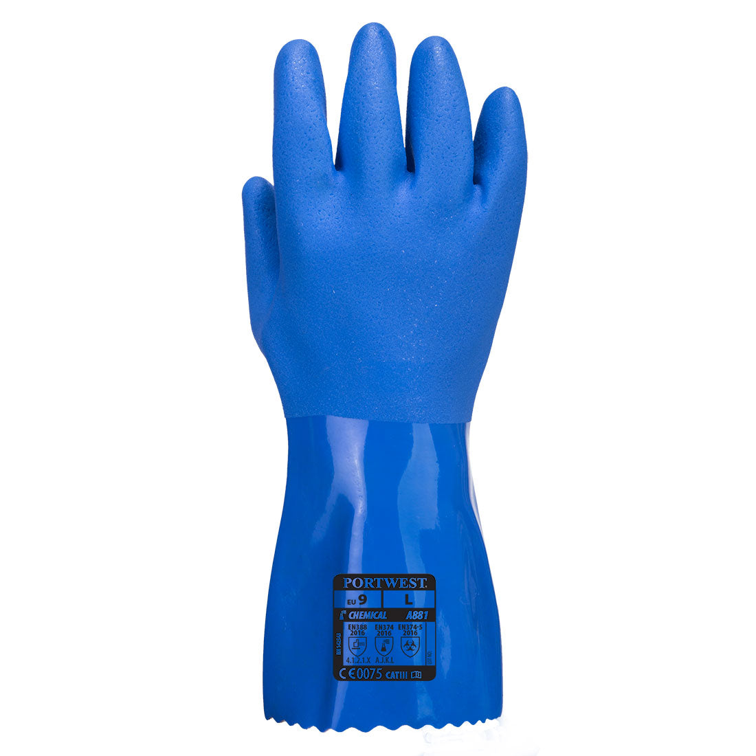 Portwest A881 Chem 300 PVC Marine Gauntlet in Blue, back view