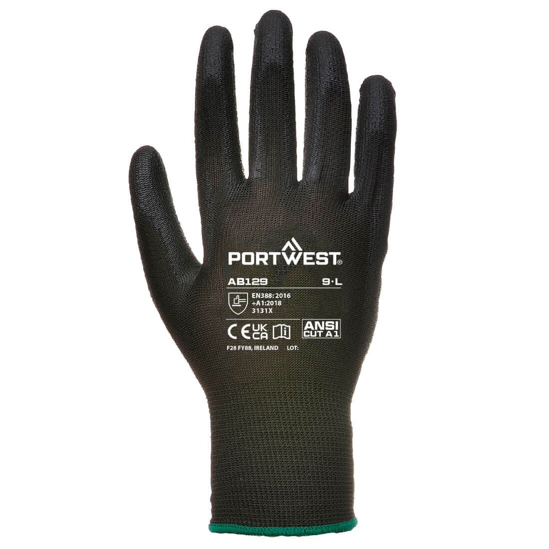 Portwest AB129 Grip 13 PU Palm Essential Full Box (288 Pairs) in Black, back view