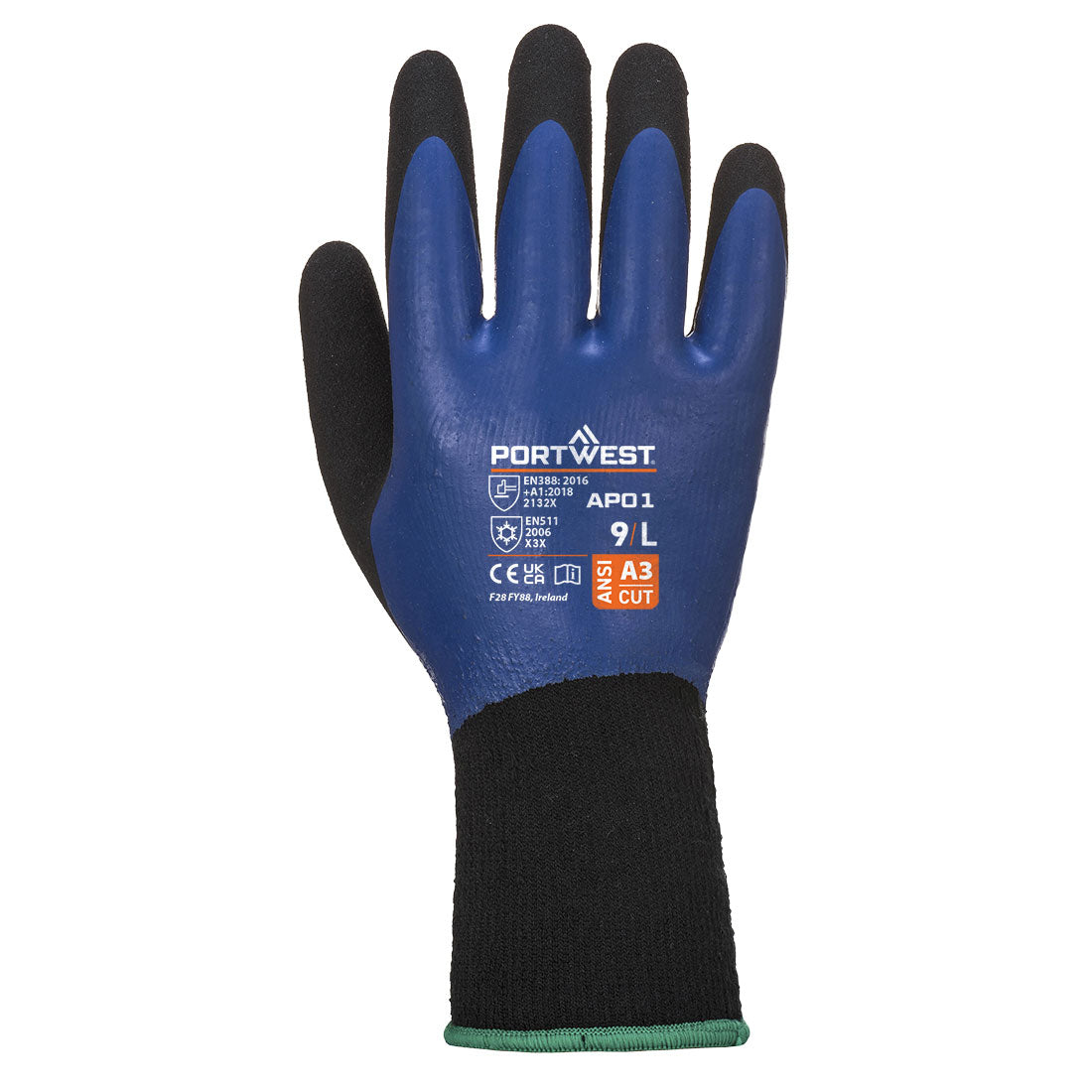 Portwest AP01 Cold 13 Latex Aqua Glove in Blue/Black, back view