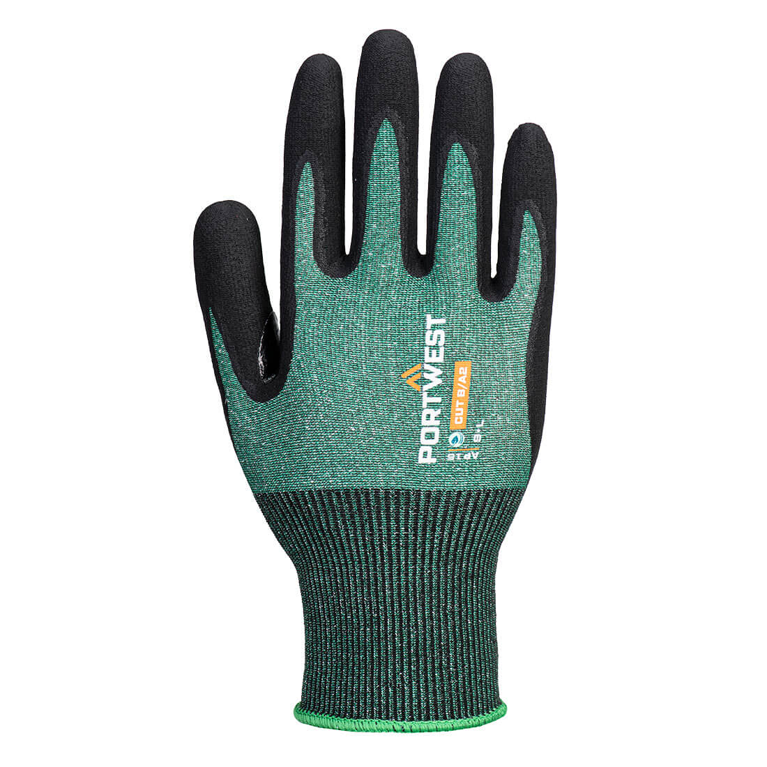 Portwest AP15 SG Cut B18 Nitrile Glove (Pk12) in Green/Black, back view